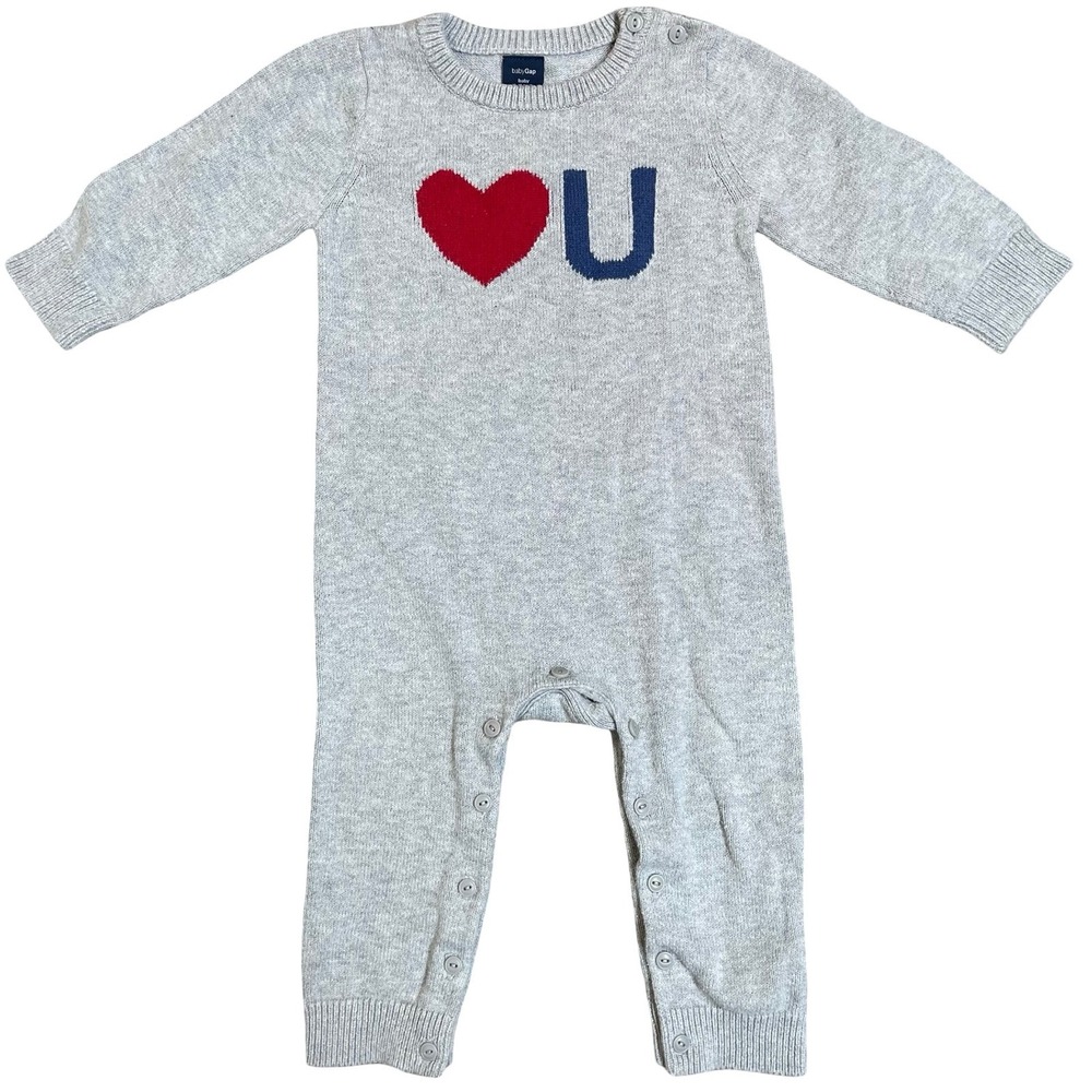 Baby Gap Knit I Heart U Romper Kids 12-18 M Gray Long Sleeve Button Up Love